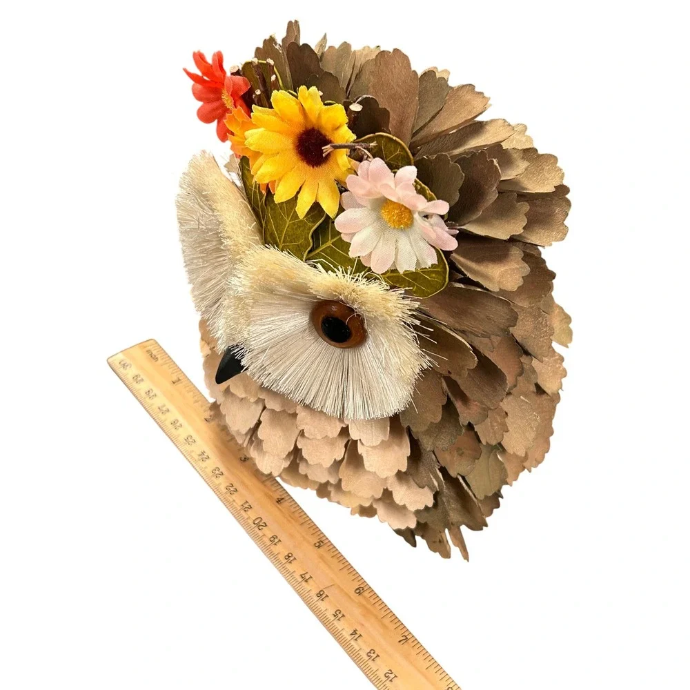 Handmade Rustic Wood Shaving Owl Figurine with Floral Crown Fall Decor 7